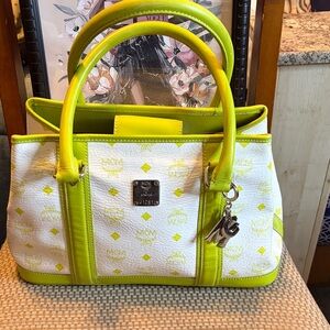 MCM White & Lime Green Logo Tote Shoulder Bag